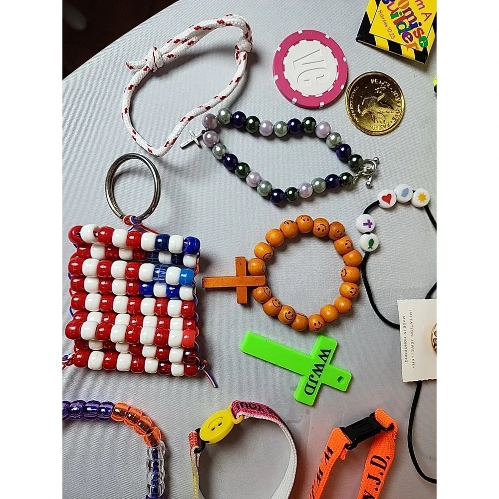20+ Pcs Children's Costume Jewelry Jesus, WWJD, American Flag, Bracelets, Pins